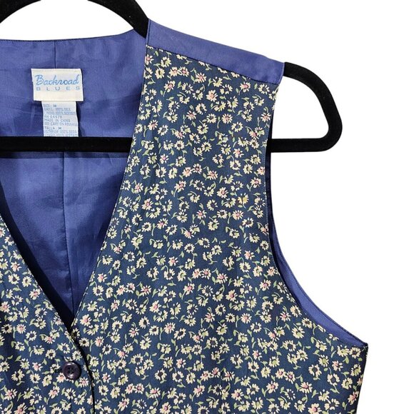 Backroad Blues Vintage Silk Floral Button Up Sleeveless Blue Lightweight Vest - Picture 3 of 5